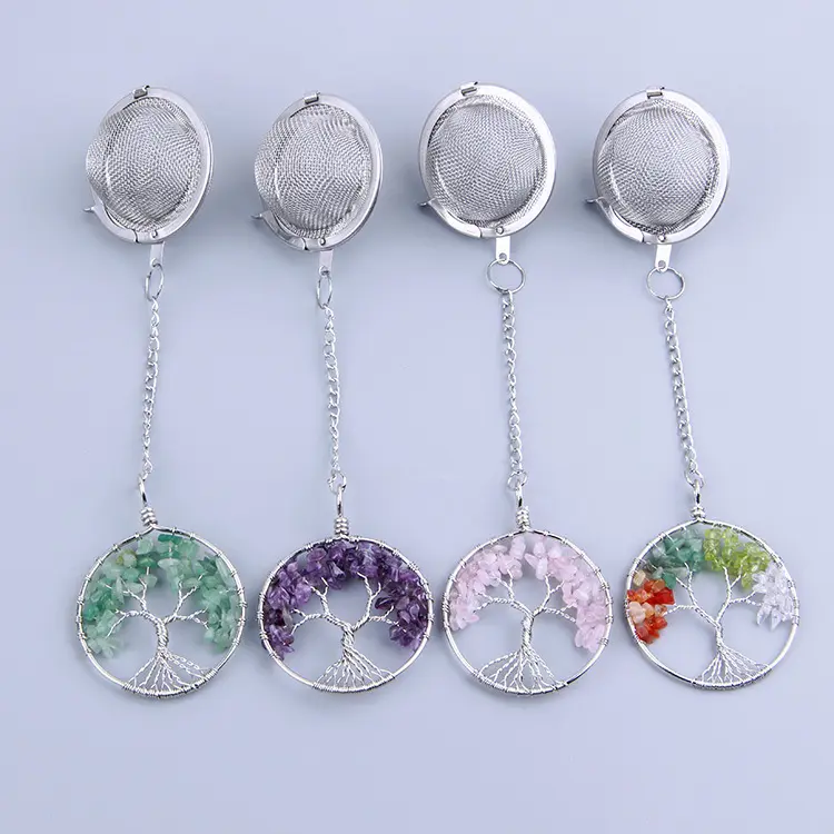 Healing Energy Crystal Tea Infuser Chakra Tree of Life 304 Stainless Steel Ball Mesh Tea Strainer Ball Filter with Extend Chain