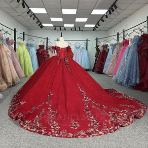 Vestido de Quinceañera Jancember 6939 con Diseño de Encaje Floral Rojo, Hombros Descubiertos y Lazo - Product Image 3