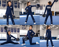 Setelan Pemanasan Cheer Custom Biru Dongker dengan Logo Berhias Rhinestone di Kedua Sisi, Jaket Full Zip, Celana Straight Leg, Set Latihan Tim