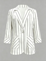 Blazer pour femme à rayures verticales blanches et noires, veste de costume à bouton unique, revers cranté, manches longues, coupe ajustée, manteau de bureau