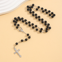 Chapelet noir en perles avec crucifix et médaille Vierge Marie en alliage argenté, bijoux de prière catholique, cadeau unisexe pour fête