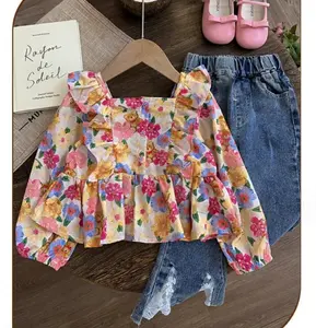 Autumn Lace denim flared pants+baby U-neck floral top 2 pieces set for gril