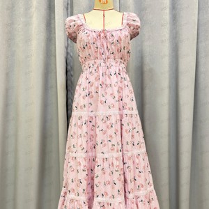 OEM Custom Boho abito floreale in cotone manica corta volant a-line Maxi abito stampa floreale Outing abito Casual da donna - Product Image 2