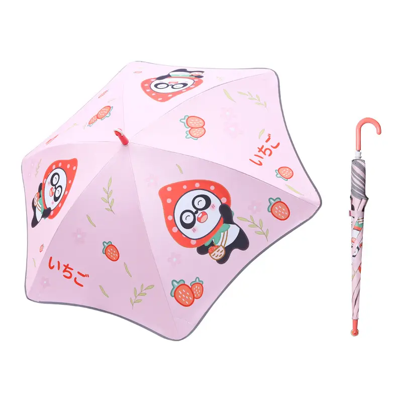 Guarda-chuva de segurança de canto redondo para crianças, guarda-chuva longo e reto com revestimento UV preto e reflexivo