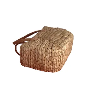 Good Quality Herringbone Handwoven Hyacinth Handbags Handles Made Of Leather Creates A Soft Feeling Herringbone Weave