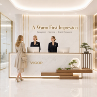 Comptoir de réception moderne et personnalisé de style zen, en marbre blanc et bois de luxe, avec niche LED pour bonsaï, pour spa, salon, hôtel