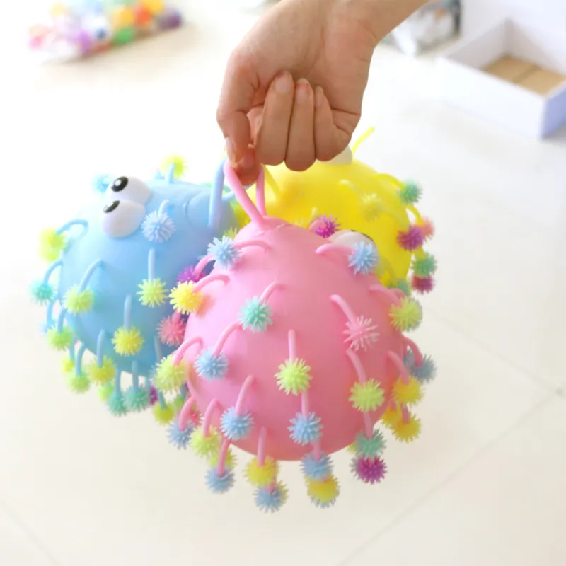 TPR soft rubber light up huge dense 17CM big soft hairy ball toy spiky puffer ball for kids LED puffer ball