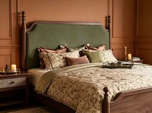 Premium Queen Size Dark Wood Spindle <b>Bed</b> With Green Velvet Arched Upholstered Headboard For Bedroom - Product Image 3