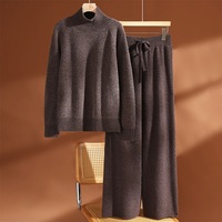 Ensemble pull en pure laine à col haut épais pour femme, automne-hiver, avec pantalon large à tricot plat, pantalon long décontracté, ensemble deux pièces