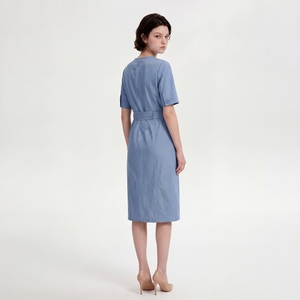 Blue <b>Short</b> Sleeve Crew Neck Sheath <b>Dress</b> with Belt and Pockets Fitted Knee-Length Utility Style for Daily Wear - Product Image 4
