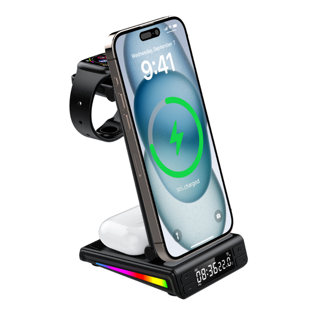 15W 3-in-1 Fast Magnetic Wireless Charging Stand & Holder Conveniently Rotatable for iPhone Watch Air Pod Earphones Accessory