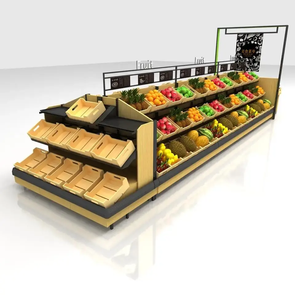 Étagères en bois de supermarché desain rak buah présentoir de fruits de magasin de détail étagère de support de légumes au design moderne