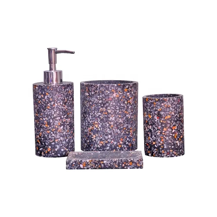 Kostenloser kundenspezifischer kostengünstiger Seifenhalter brauner Terrazzo-Seifenspender für Badezimmerzubehör 4-teiliges Waschbecken-Set