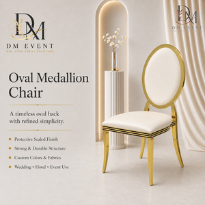 Chaise de mariage élégante et simple à dossier ovale en acier inoxydable doré avec coussin blanc pour événements de mariage et banquets - Sièges pour événements - Product Image 1