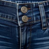 Jean évasé taille haute pour femme avec double bouton, broderie poche arrière, coupe slim bootcut en denim