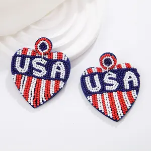Wholesale Fashion Jewelry USA Flag Seed Beaded Earrings Handmade Independence Patriotic Day Dangle Earrings