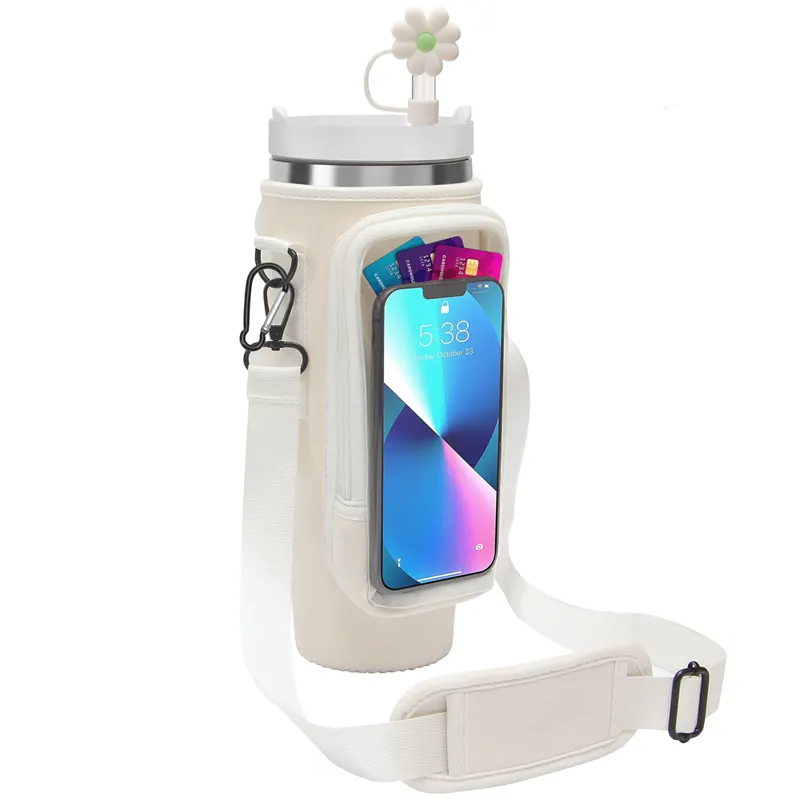 Custom Water Bottle Bags with Transparent Phone Pocket Shoulder Bag for Stanley Cup 40oz With Handle Neoprene Tumbler Holder Bag