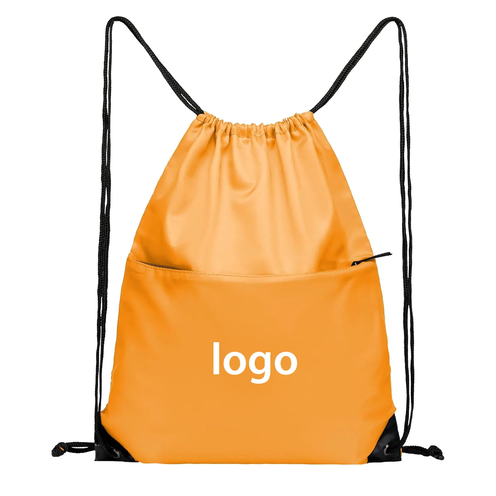 Eco Sports Gym Recycled 210d Nylon Foldable W-Zipper Pocket Backpack Orange Drawstring Bag With Handle