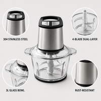 Hachoir à viande électrique en acier inoxydable 3L avec bol en verre, robot culinaire, hachoir et trancheuse à légumes pour un usage domestique quotidien