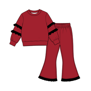 Tenues pour filles en coton biologique personnalisé à manches longues avec imprimé de vacances, haut à volants et pantalon cloche, vente en gros, vêtements pour équipes de football - Product Image 3