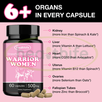 Complément Équilibré pour Femmes Healthife 6 en 1, Mélange d'Organs de Bœuf Nourri à l'Herbe en Capsules