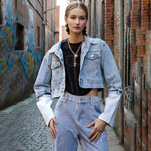 LEDUO Hot Supplier Veste de motard décontractée <span class=keywords><strong>en</strong></span> <span class=keywords><strong>jean</strong></span> pour femmes, manteau court à manches longues délavé et ajusté. - Product Image 2