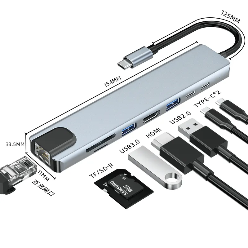 Adaptateur multifonction HUB de type C 8 en 1 USB C Hub Docking Station pour Mac Pro USB 3.0 Splitter Computer Accessories