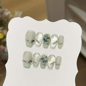 <span class=keywords><strong>Faux</strong></span> ongles en acrylique artificiels faits à la main, 10 pièces, ongles ovales roses avec strass, longue durée - Product Image 3