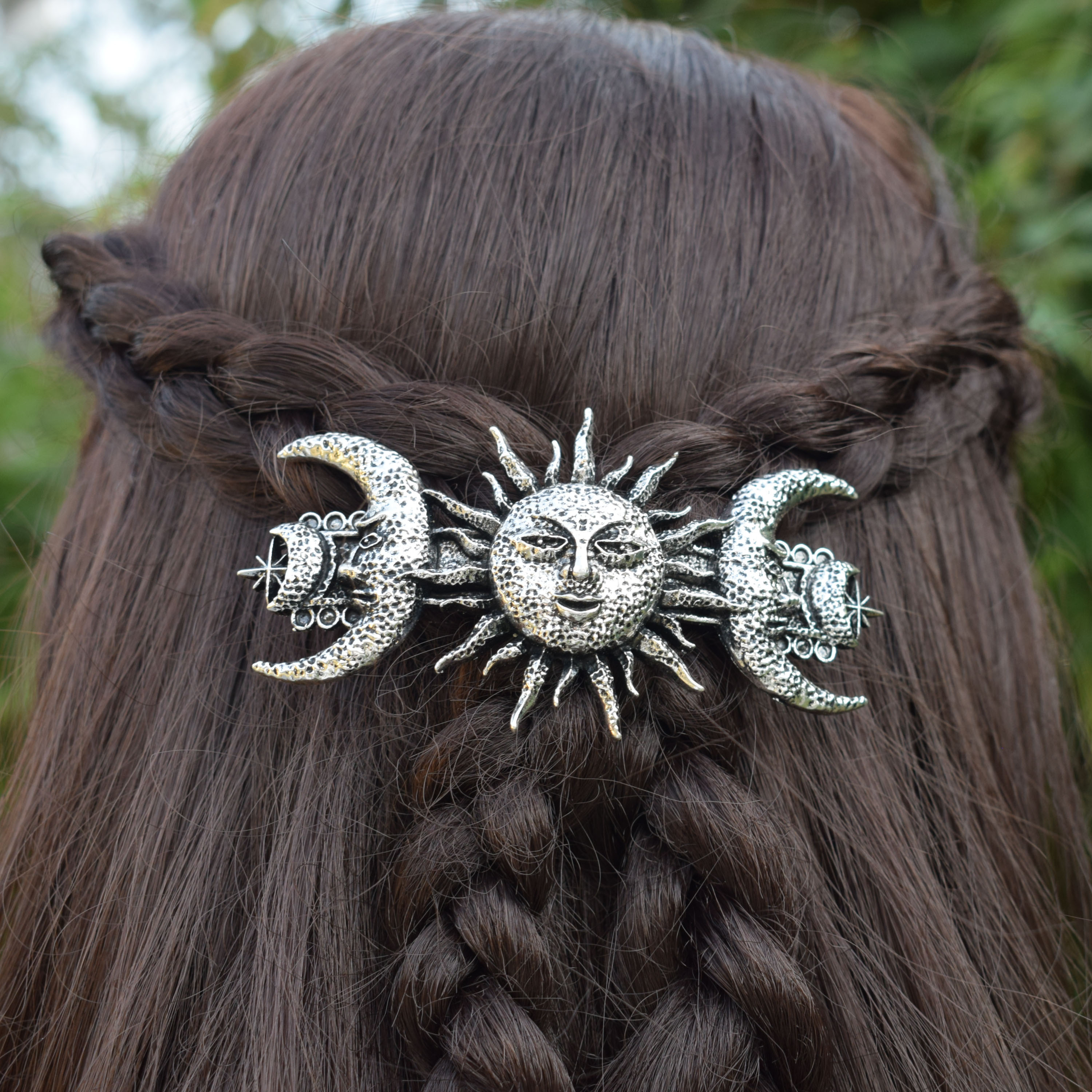 OOAK Artisan Sterling Silver 925 Mystic Moon Sun Face French Barrette Gem Accent Silver Crescent Moon Hairpin Barrette | Symila Fashion main image 4