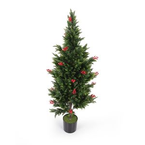 Juego DB de 2 árboles de cedro artificial Topiary bayas rojas 5,25 Ft. Plantas de pino en maceta de hoja perenne falsas altas para árboles falsos de Graduación - Product Image 3