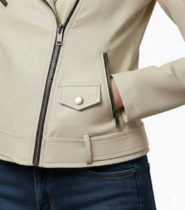 Veste de motard courte en peau de mouton véritable de qualité supérieure pour femmes, style classique beige, veste en cuir tricotée, fermetures éclair, poches - Product Image 2