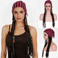 Perruque tressée synthétique longue et épaisse noire avec foulard à rayures scintillantes et perles colorées pour femmes, idéale pour Halloween et le cosplay