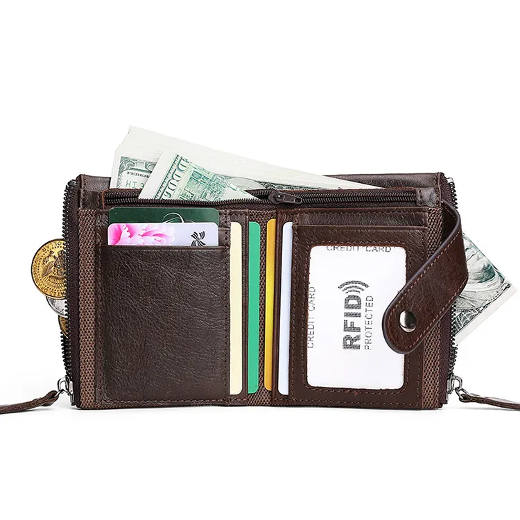 Erkekler için inek derisi Zip sikke cep iki kat cüzdanlar fermuar hakiki deri RFID kart sahipleri
