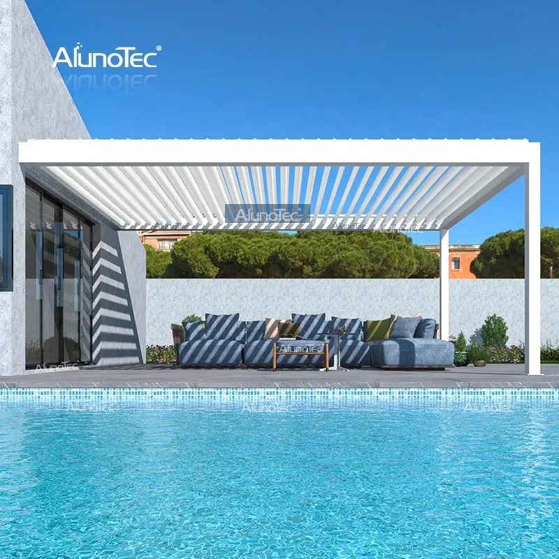 AlunoTec Modern Motorized Opening Roof Waterproof Aluminum Carport Gazebo Bioclimatic Garden Pergola