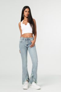 High Waisted <b>Flare</b> Jeans With <b>Sequined</b> Frayed Hem Light Blue Denim Women's Casual Summer Style Full Length Regular Fit - Product Image 5