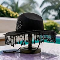 Chapeau de cowboy bohème en gros, noir, avec fleurs, strass et franges, idéal pour les festivals de musique gothiques et les fêtes personnalisées pour femmes