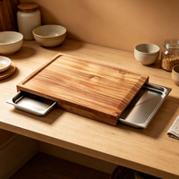 Planche à découper en bois d'acacia avec 2 plateaux en acier inoxydable, planche à découper avec rainure pour les jus, pour la préparation et le service en cuisine