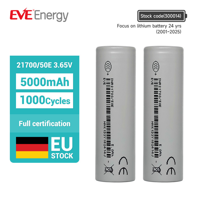 EVE 21700 50E 21700 Cell Battery 3.65V 5000mah Ebike Battery 21700 Cells for Electric Bicycles Scooters