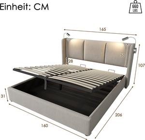 <span class=keywords><strong>Letto</strong></span> Ottoman Queen Size <span class=keywords><strong>160</strong></span> x 200 <span class=keywords><strong>cm</strong></span> con Testiera LED USB, Spazio di Archiviazione, Doppio Sistema a Doghe, per 2 Persone, Struttura Imbottita (No - Product Image 2