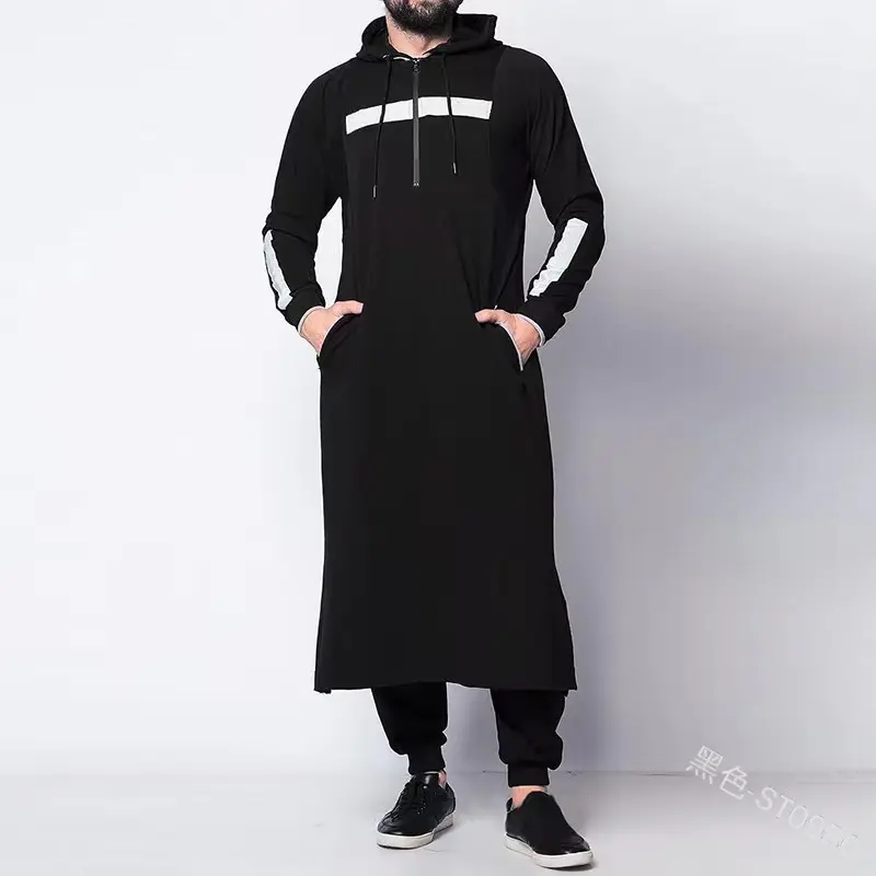 Hot Koop Dubai Moslim Thobes Mannen Lange Mouwen Kleding 4 Kleuren Beschikbaar Hooded Trui Casual Nieuwe Trendy Mannen Thobe Plus size