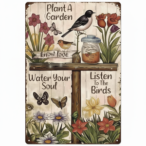 "Plant a Garden Know Love Water Your Soul" enseigne métallique verticale rustique avec oiseaux, papillons et fleurs. Aux prix de gros. - Product Image 1