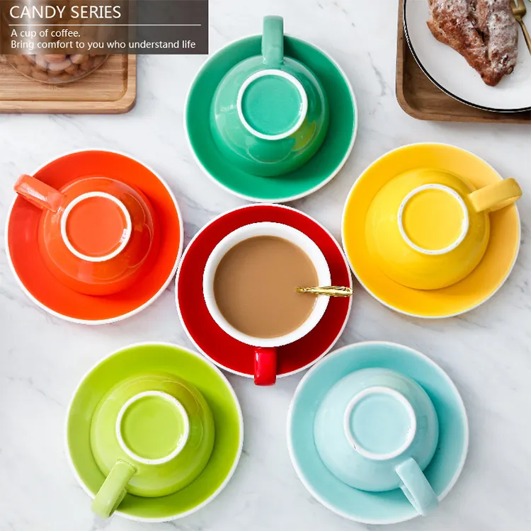 Customized logo Candy color porcelain coffee mug Ceramic Cappuccino coffee cup set
