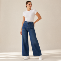 Jean taille haute à jambe large pour femme avec poches utilitaires, coupe ample, en denim doux et extensible, vente en gros usine