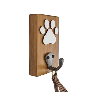 Rustic Wood Personalised Dog Lead Hook Wall Mounted Pat Paw Shape Wall Art Wood Print With Hook For Dog Leash Hanger