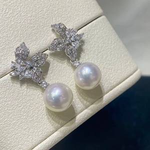 9-10mm Edison Pearl Iris Flower Dangle <b>Earrings</b>, 925 Sterling <b>Silver</b> Crystal Inlaid Floral <b>Drop</b> <b>Earrings</b> for Women - Product Image 4