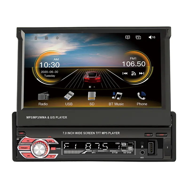 Karjoys1 Din Carplay autoradio stéréo voiture lecteur Mp5 7 "écran tactile rétractable motorisé Android Auto Bt Fm support caméra