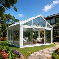 Terraza de cristal para todas las estaciones con techo a dos aguas, puertas corredizas de cristal, marco de aluminio resistente a la intemperie, invernadero para jardín o terraza