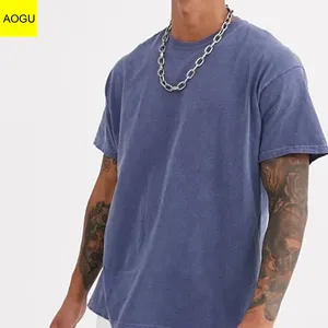 AOGU 블루 100% 코튼 어깨 오버 사이즈 오버 염료 티셔츠