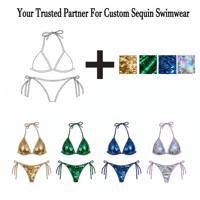 Ensemble de bikinis deux pièces à sequins arc-en-ciel, design personnalisé par le fabricant, respectueux de l'environnement, avec haut triangle à nouer sur le côté et bas string à fines bretelles.