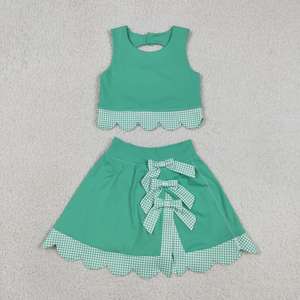 En stock: Conjuntos de yoga y tenis para bebés niñas con borde festoneado, ropa de vacaciones para bebés al por mayor, ropa deportiva para niños. - Product Image 5
